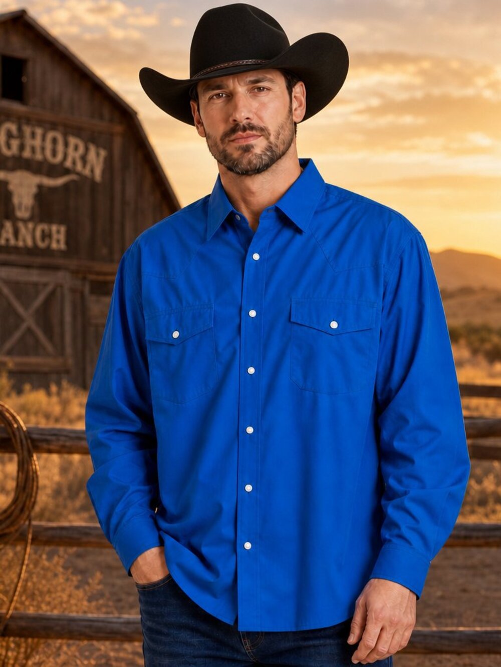 Duke Classic Western Snap‑Front Shirt – Bright Blue, Size XL